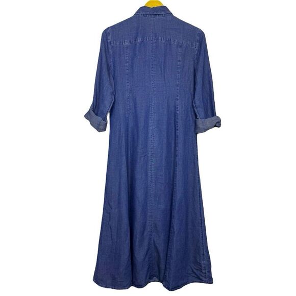 Loft Chambray Shirt Midi Maxi Dress Size 0 Blue Long Sleeves Pockets Linen Blend - Picture 2 of 7
